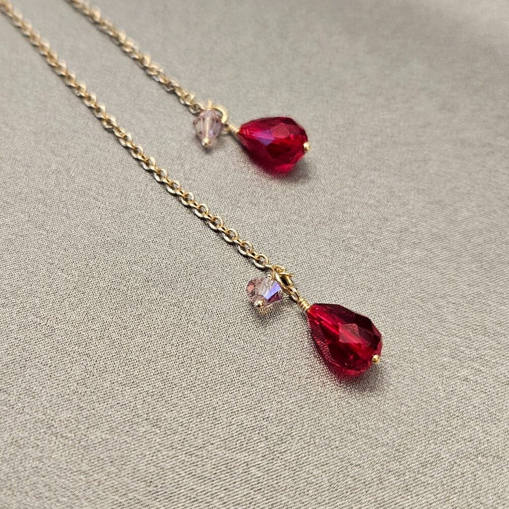 Dainty Red Crystal Teardrop Thread Earrings - Picture 4 of 4